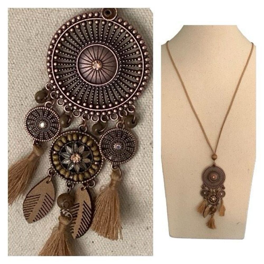 Sahara Medallion Tassel Pendant Necklace – Bronze Tone with Faux Suede Cord